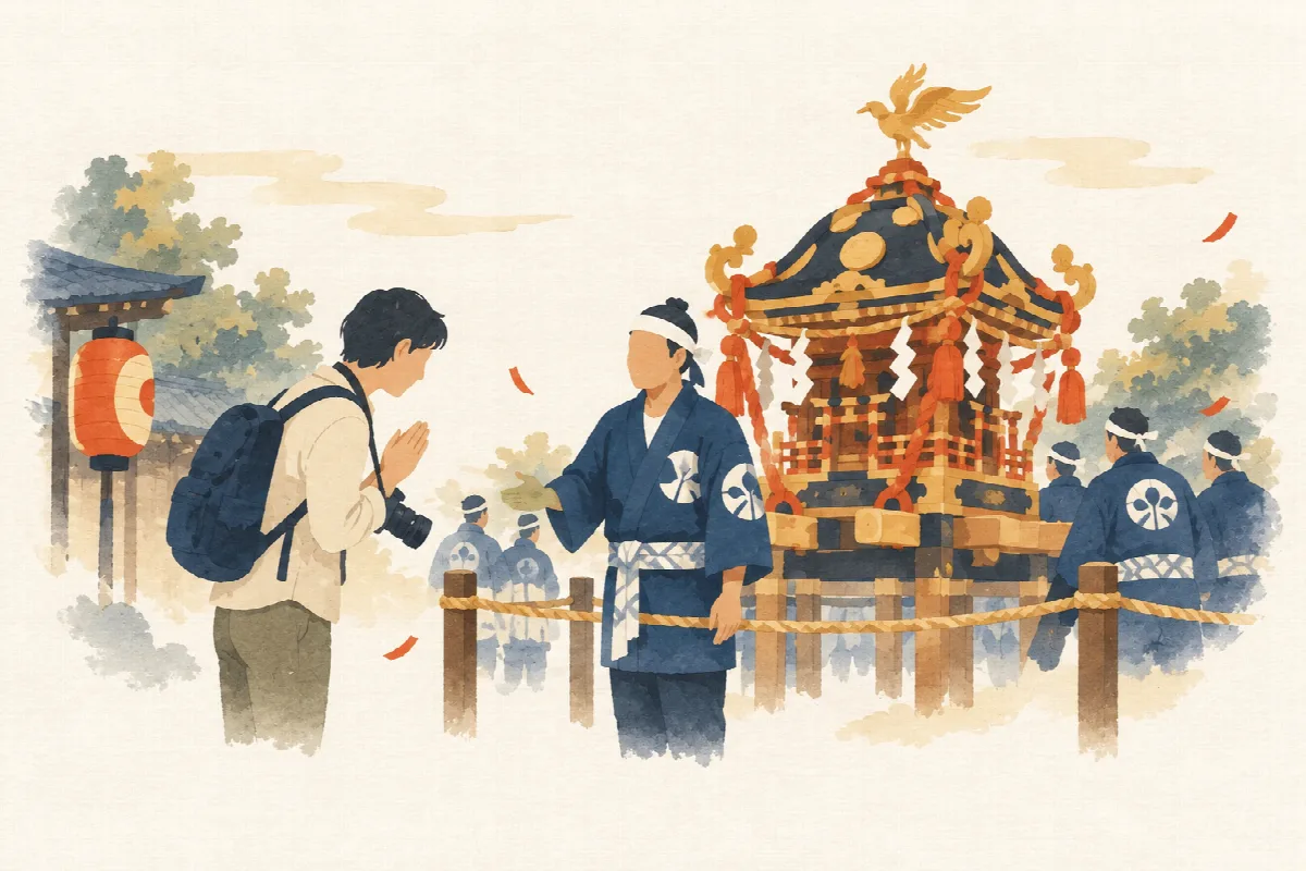 游客在拍照前征求祭典工作人员的同意