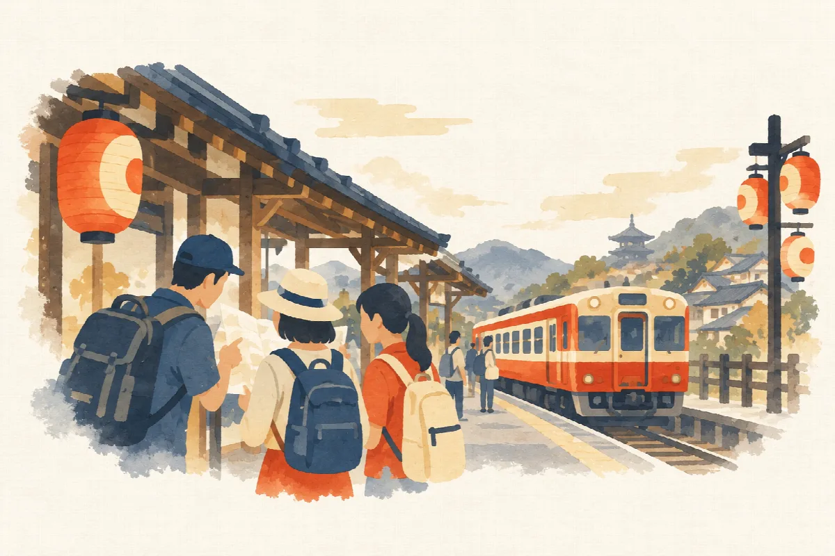 在地方列车旁查看路线图的游客