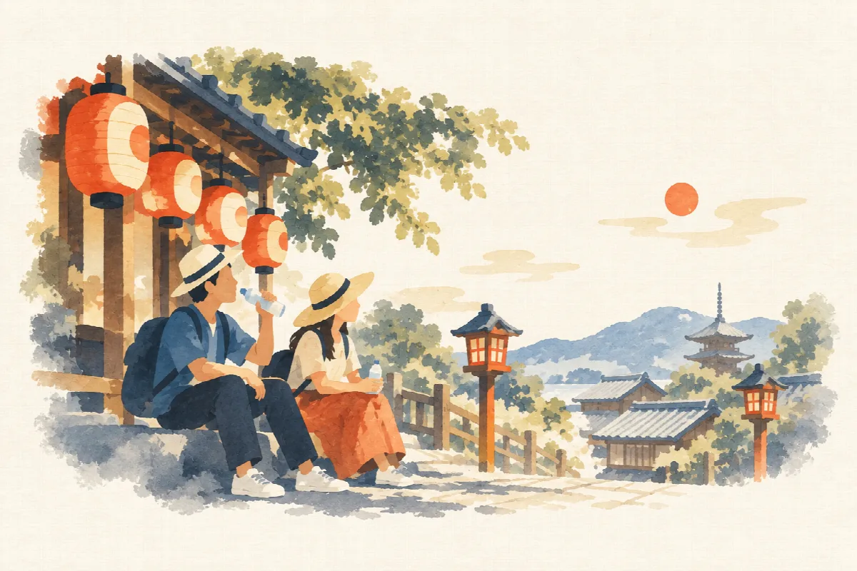 在阴凉处休息和喝水的游客