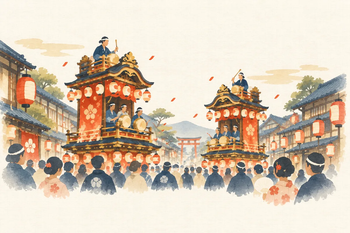 游客尊重当地习俗、观看日本祭典的水彩插画