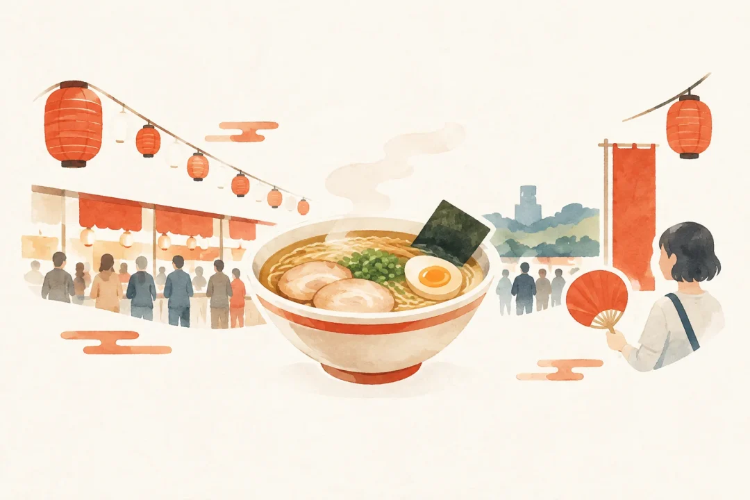 水戸のラーメンまつりをテーマにした祭りのイメージ