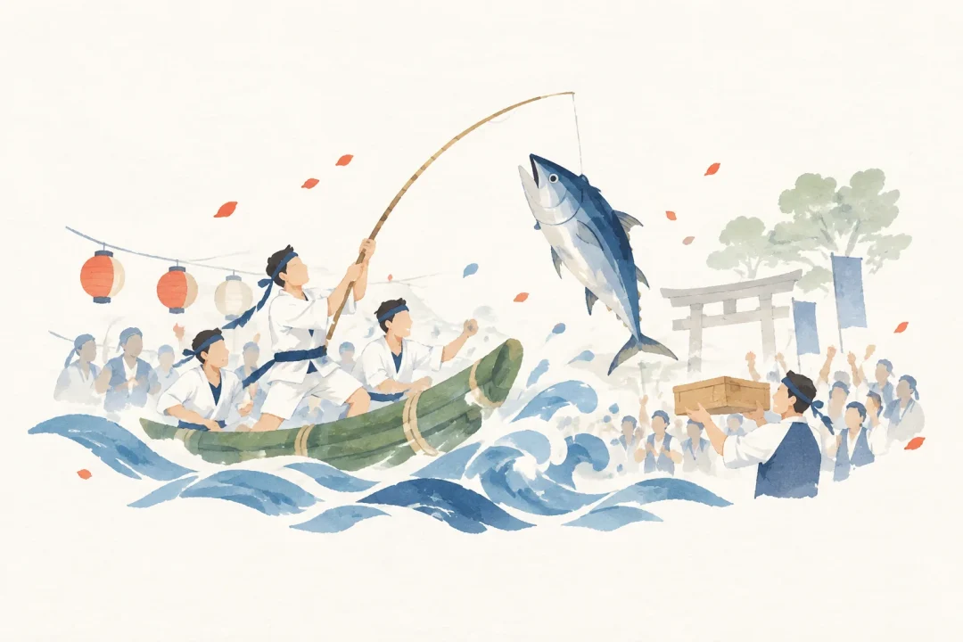 神津島のかつお釣り行事をテーマにした祭りのイメージ