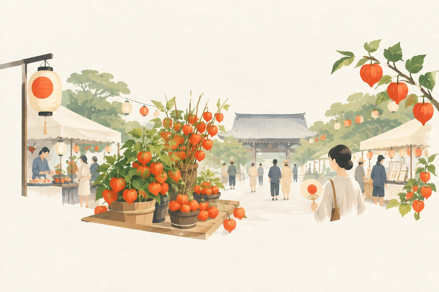 An illustration of a festival themed around Jindaiji Hozuki Matsuri