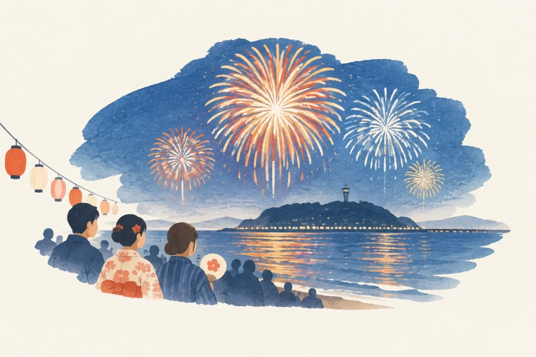 ふじさわ江の島花火大会をテーマにした祭りのイメージ