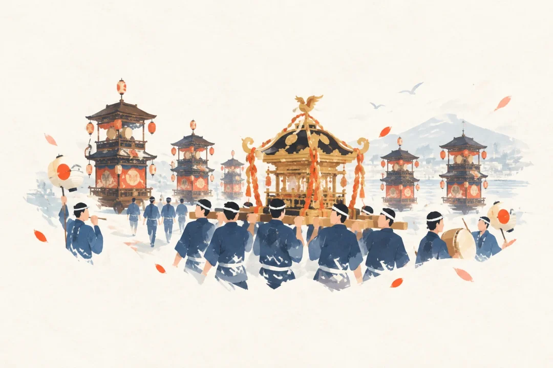 瀬波大祭をテーマにした祭りのイメージ
