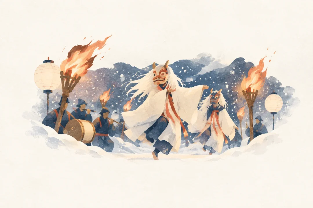 新野の雪まつりをテーマにした祭りのイメージ