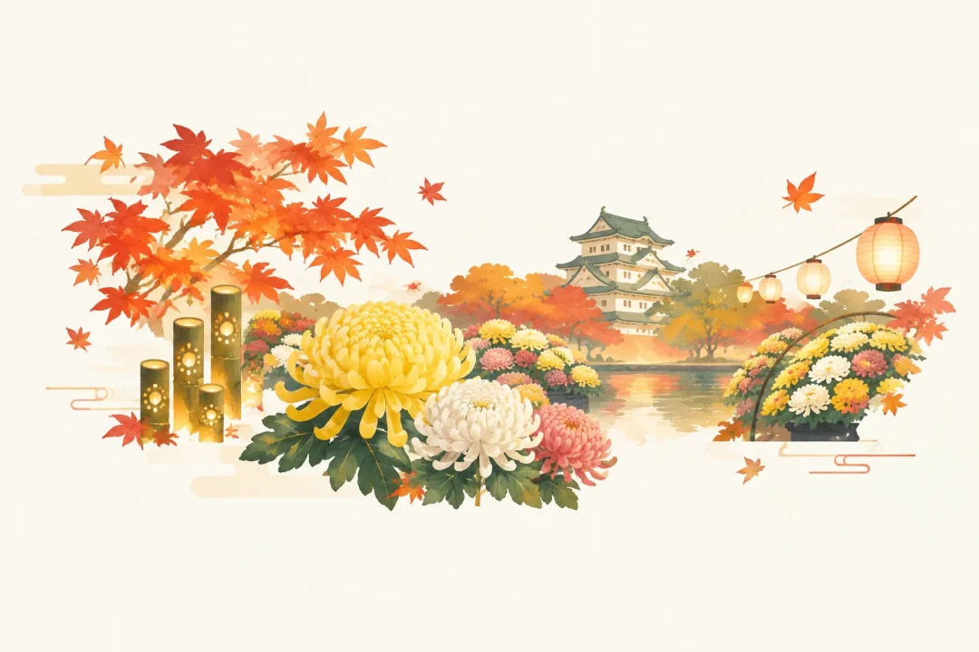 弘前城菊と紅葉まつりをテーマにした祭りのイメージ