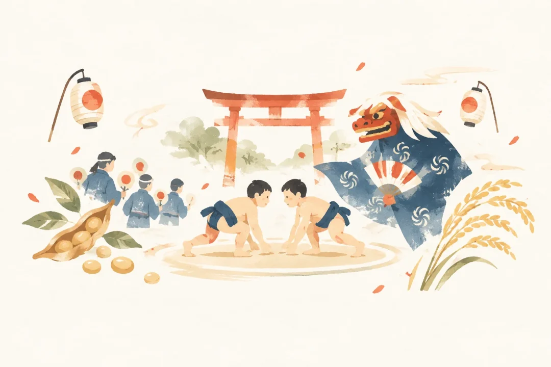 まめからさん祭りをテーマにした祭りのイメージ