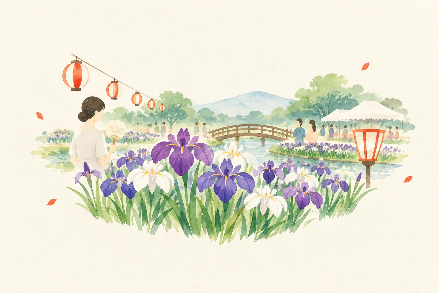 An illustration of a festival themed around the Asamai Park Iris Festival