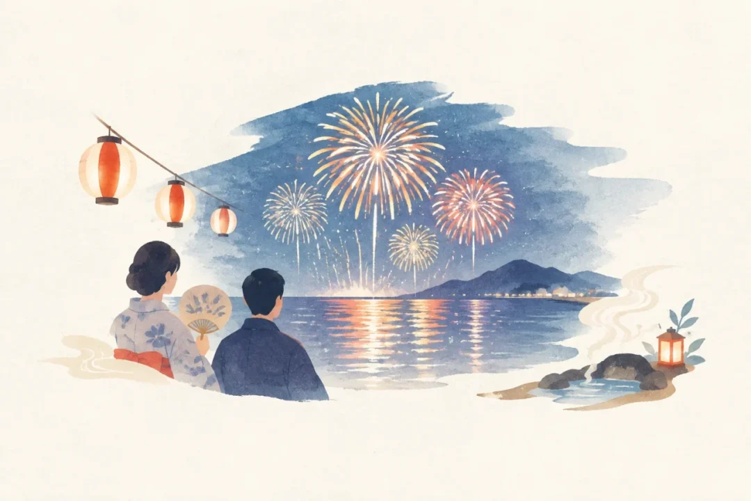 函館湯の川温泉花火大会をテーマにした祭りのイメージ