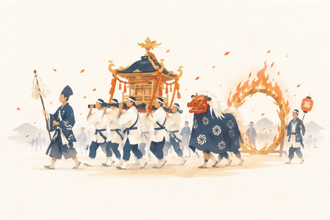 琴平神社祭典神輿渡御行列をテーマにした祭りのイメージ