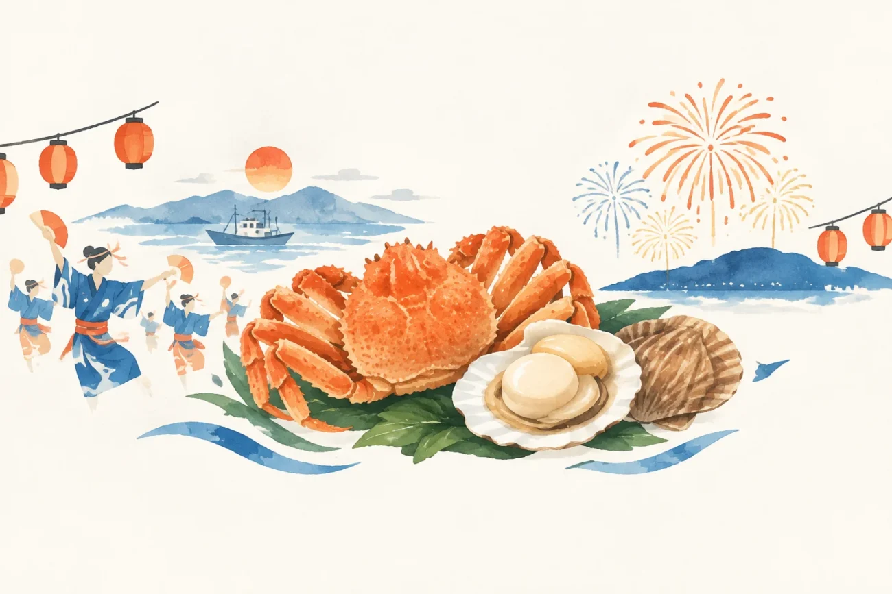 Illustration of a festival themed on the Okhotsk Esashi Umaimon Festival