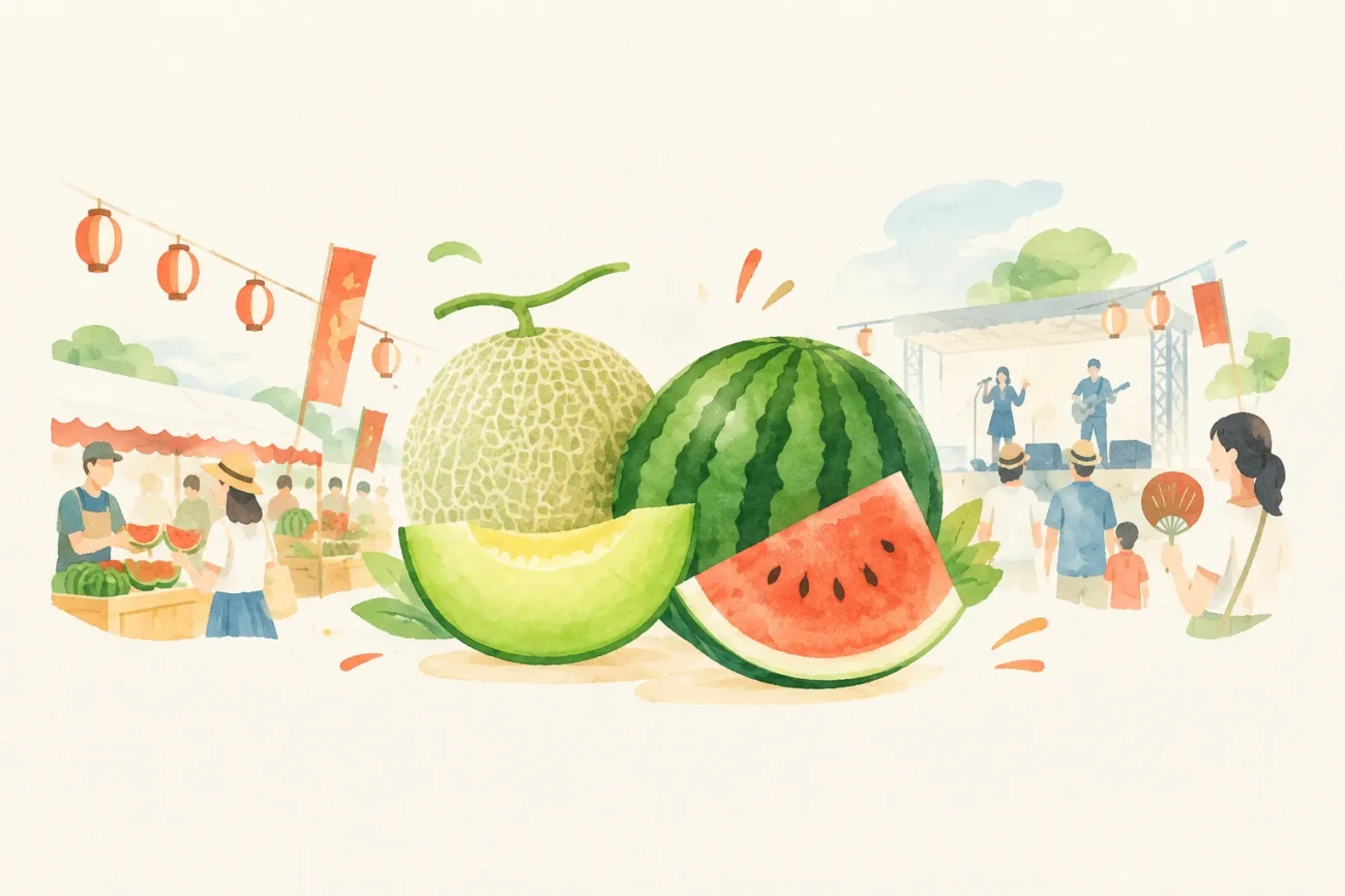 Festival image themed around the Tsugaru City Melon and Watermelon Festival