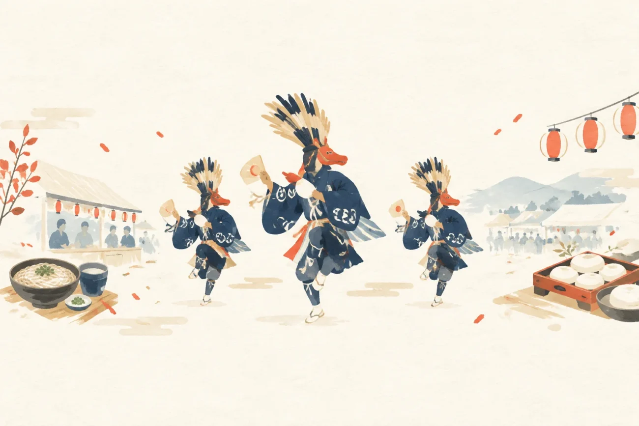 Illustration of a festival themed around the Hashikami Wase Enburi Festival