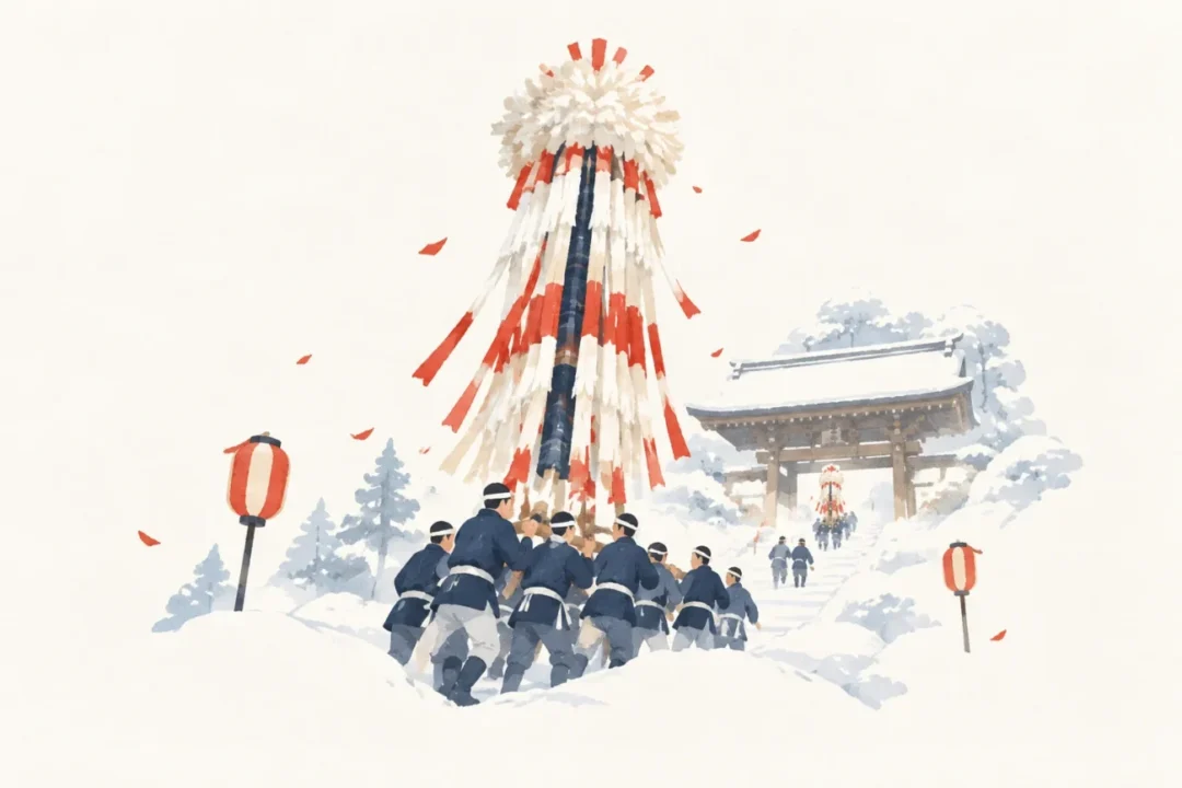 旭岡山神社の梵天をテーマにした祭りのイメージ