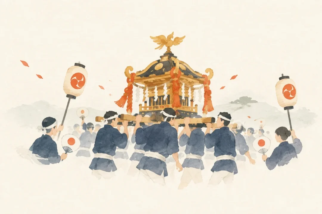 月山神社神輿渡御行事をテーマにした祭りのイメージ