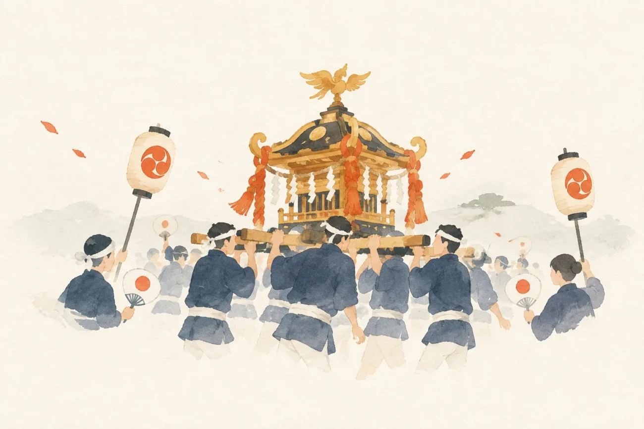 月山神社神輿渡御行事をテーマにした祭りのイメージ