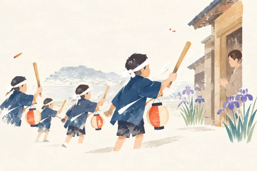 女川の菖蒲たたき行事をテーマにした祭りのイメージ