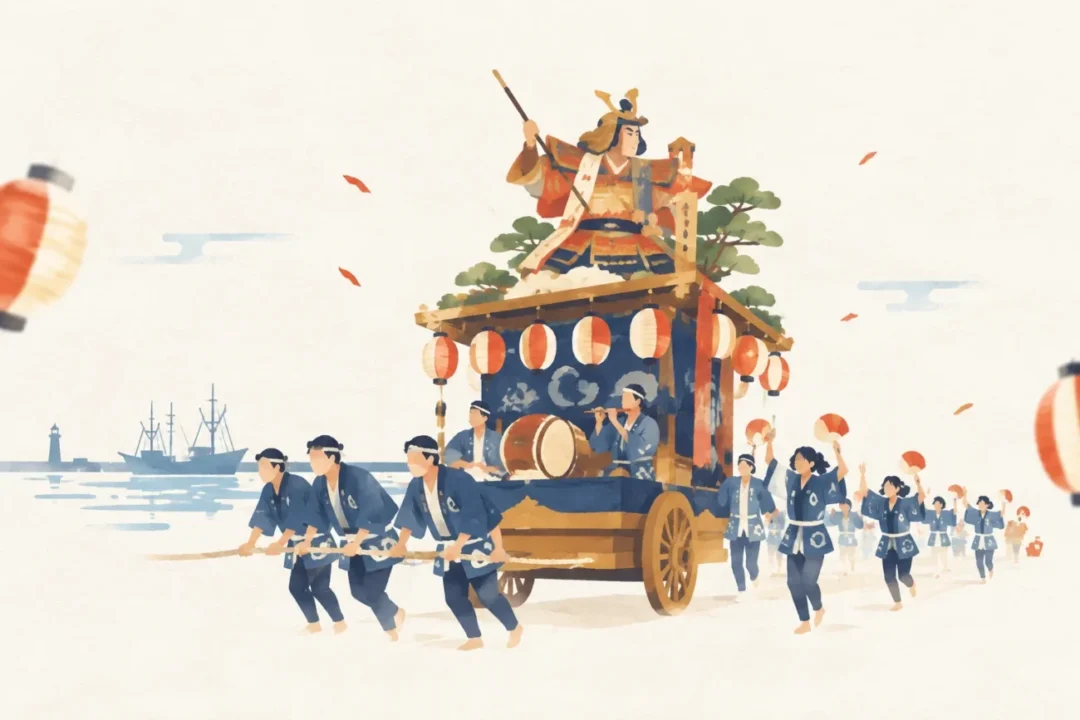 土崎港祭りの曳き山行事をテーマにした祭りのイメージ