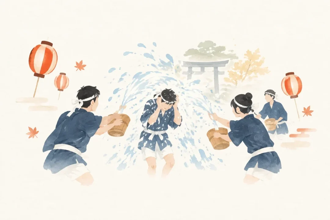 岡山の水かけ祭をテーマにした祭りのイメージ
