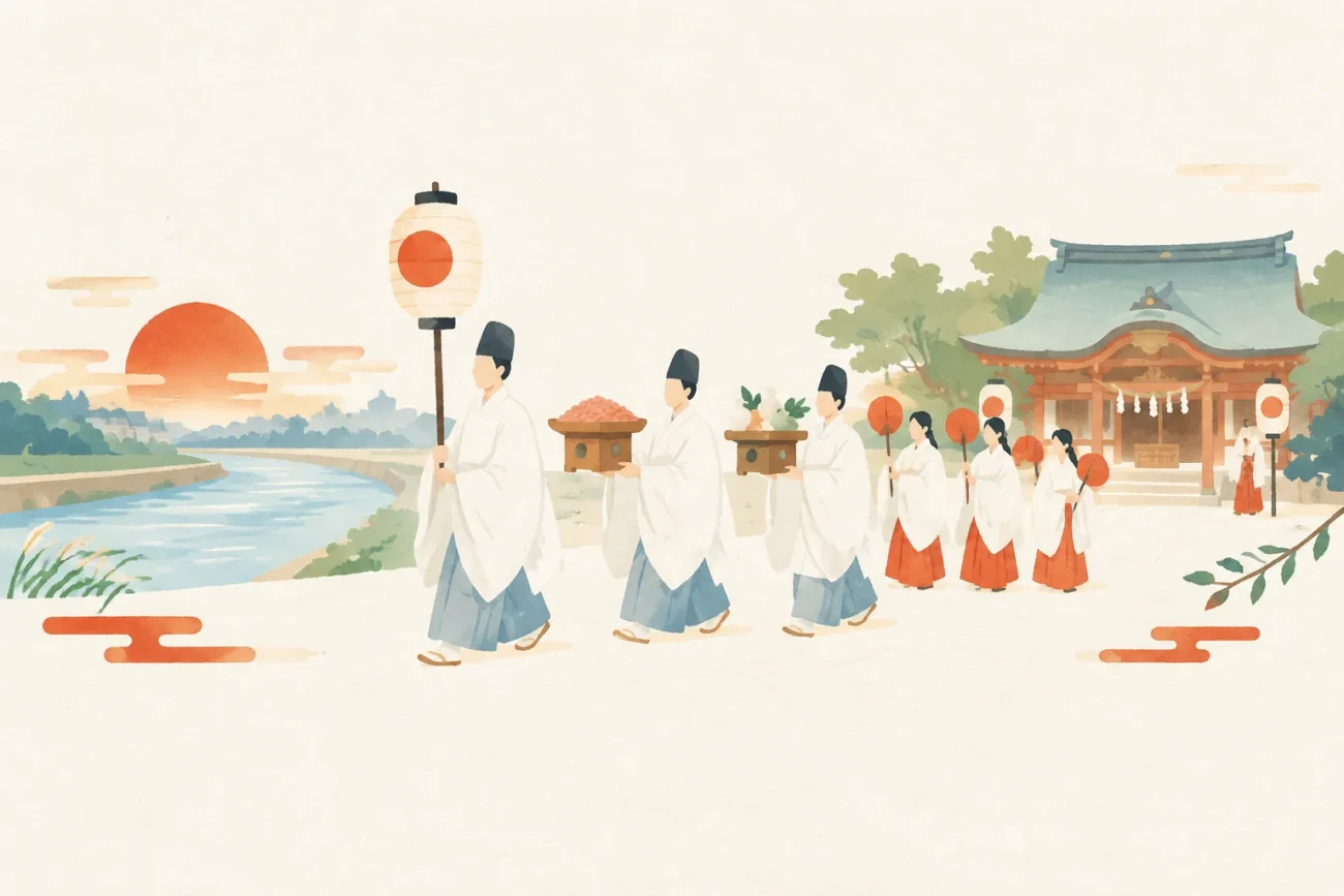 An illustration of a festival themed around the Shiratori Hachimangu Koshiki Sairei