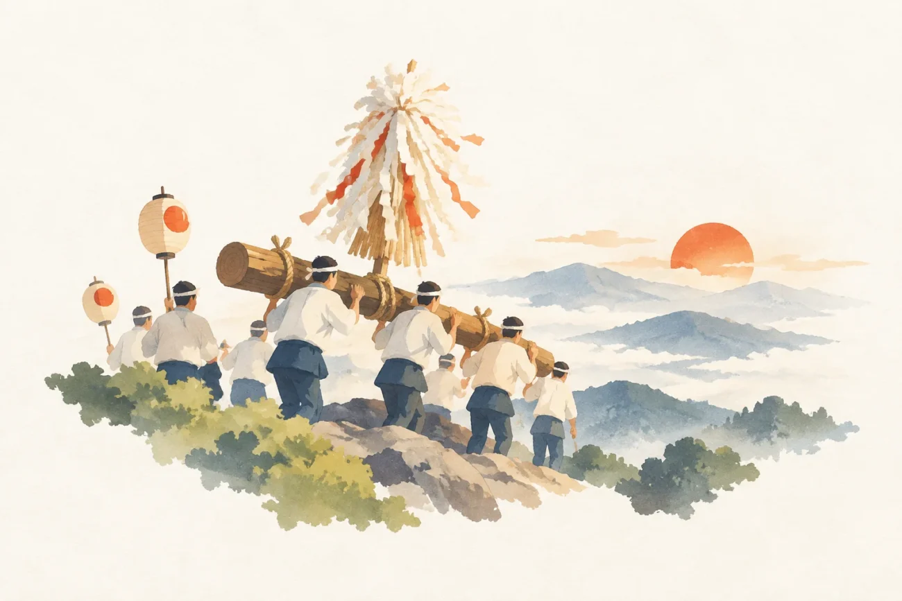 石尊山の梵天祭りをテーマにした祭りのイメージ