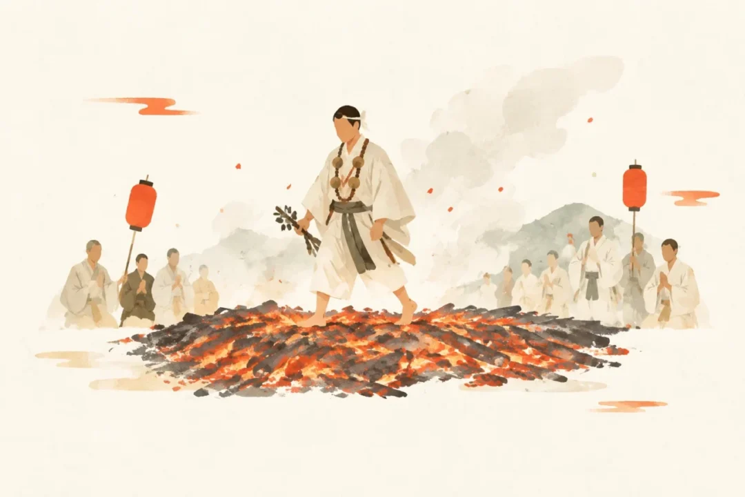 中正寺の火渡りをテーマにした祭りのイメージ