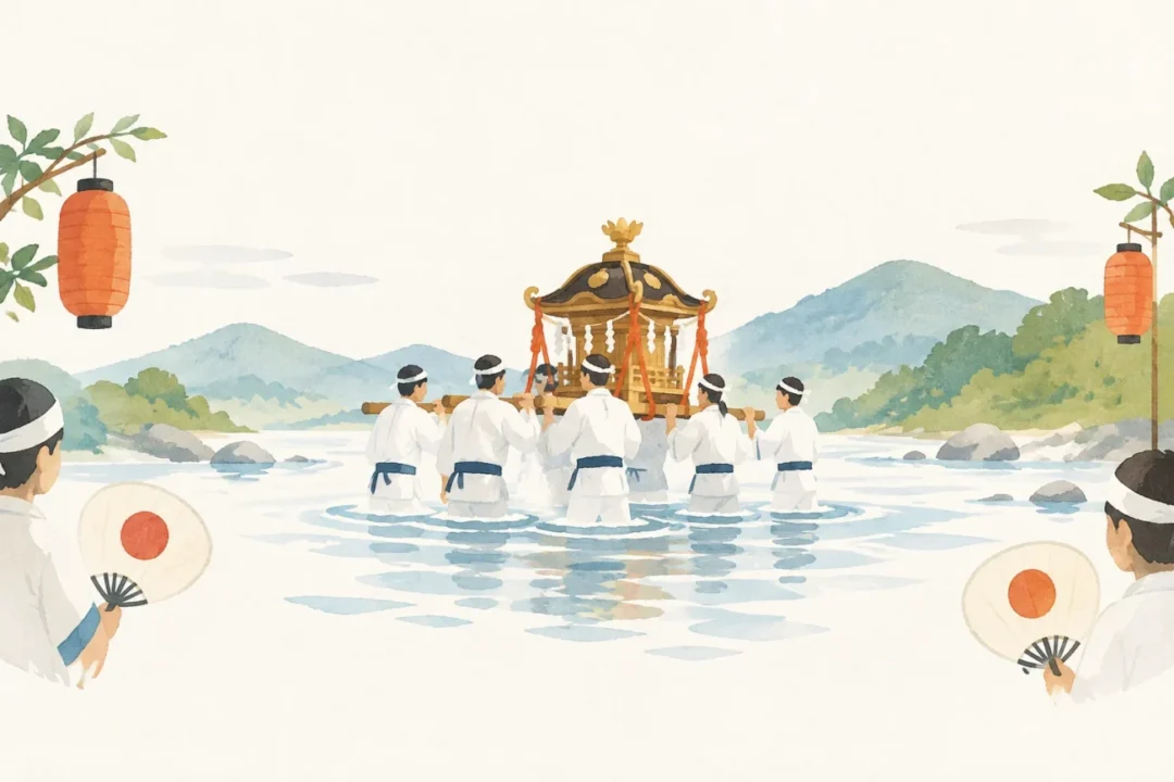 神流川のお川瀬下げ神事をテーマにした祭りのイメージ