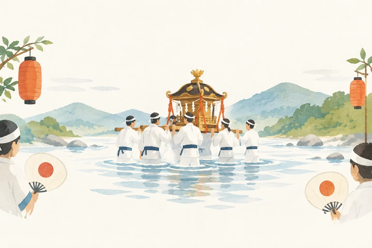 神流川のお川瀬下げ神事をテーマにした祭りのイメージ