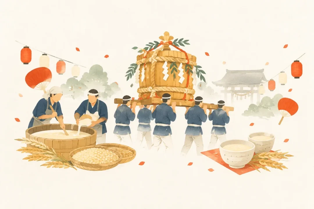 間庭の甘酒まつりをテーマにした祭りのイメージ