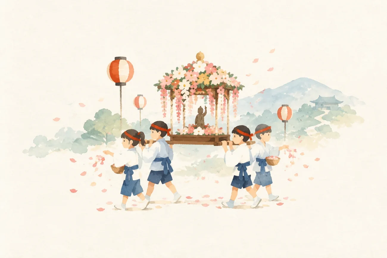 塚越の花まつりをテーマにした祭りのイメージ