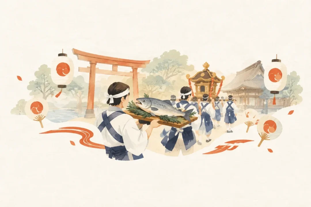 山倉の鮭祭りをテーマにした祭りのイメージ