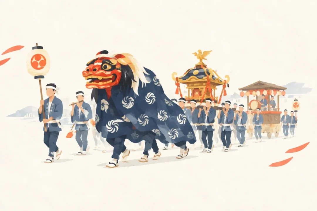 海南神社行道(お練り)獅子をテーマにした祭りのイメージ