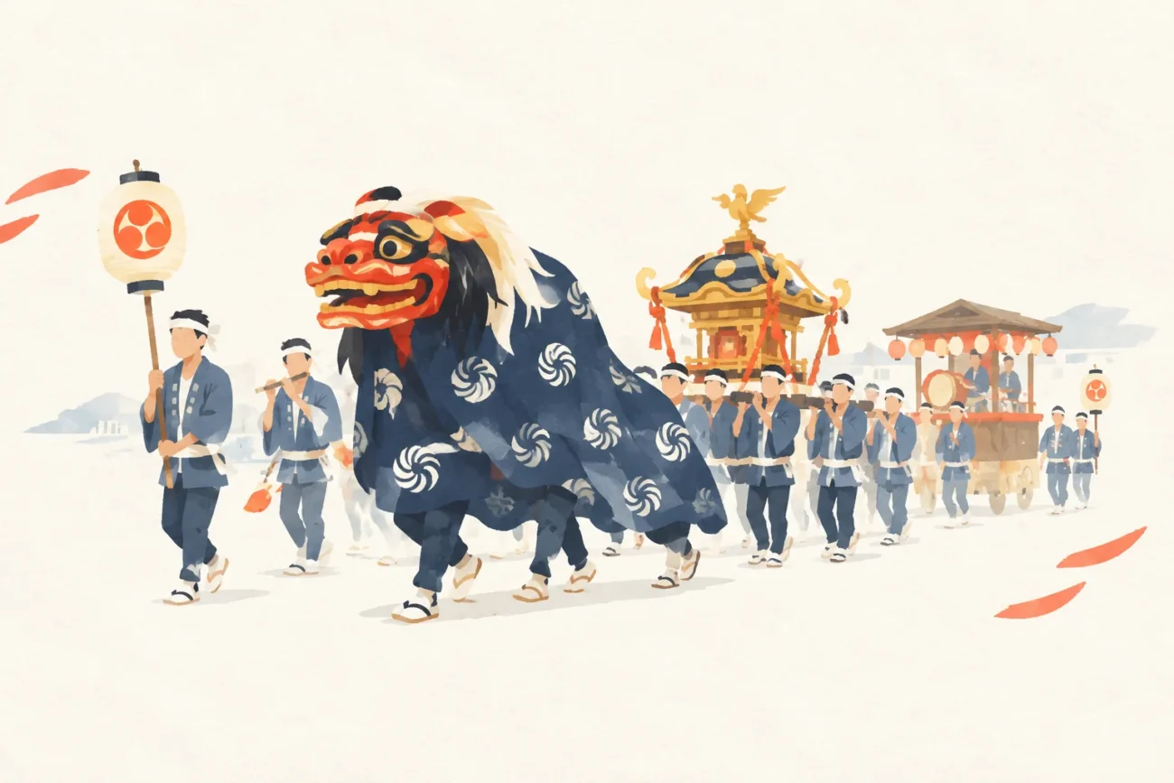 海南神社行道(お練り)獅子をテーマにした祭りのイメージ