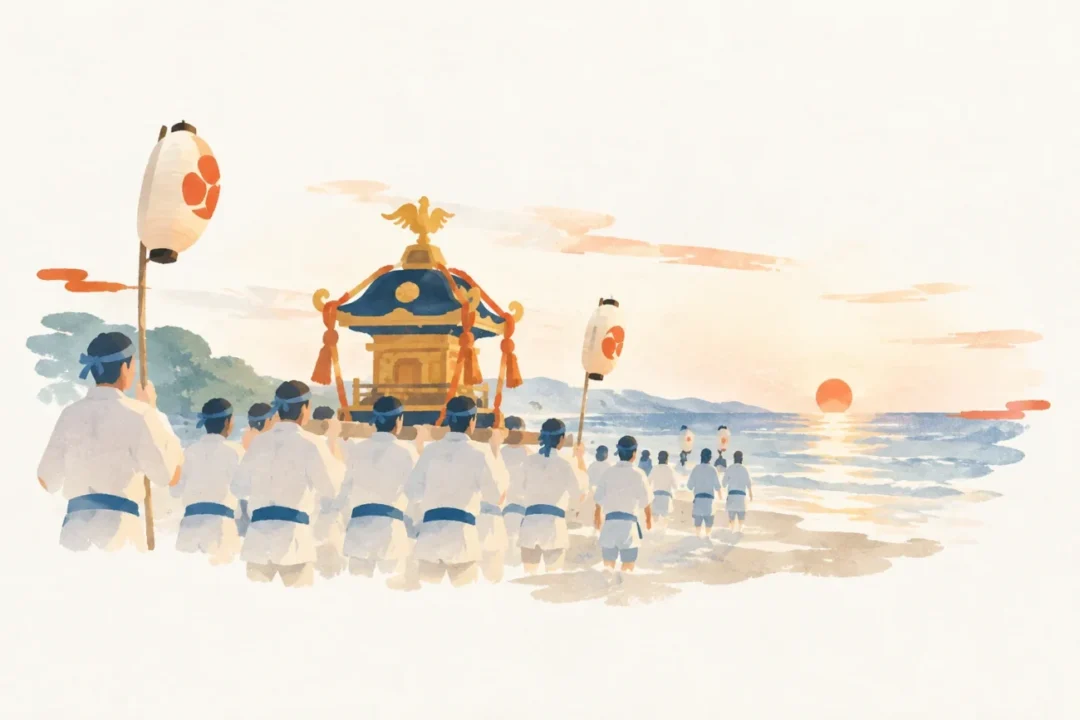 みそげ(みそぎ祭浜降り祭)をテーマにした祭りのイメージ