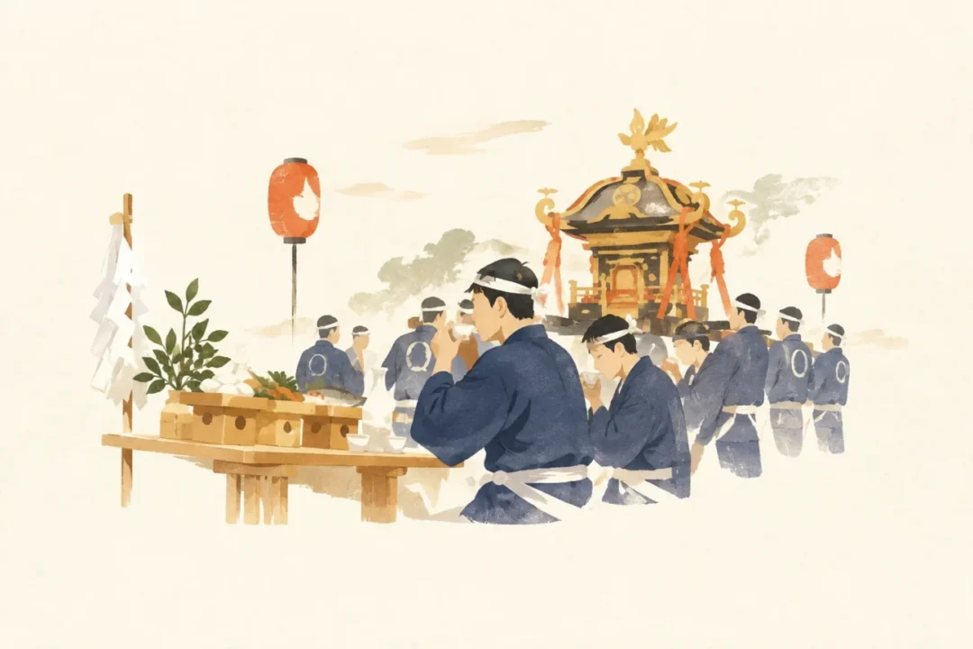前鳥神社麦振舞神事をテーマにした祭りのイメージ
