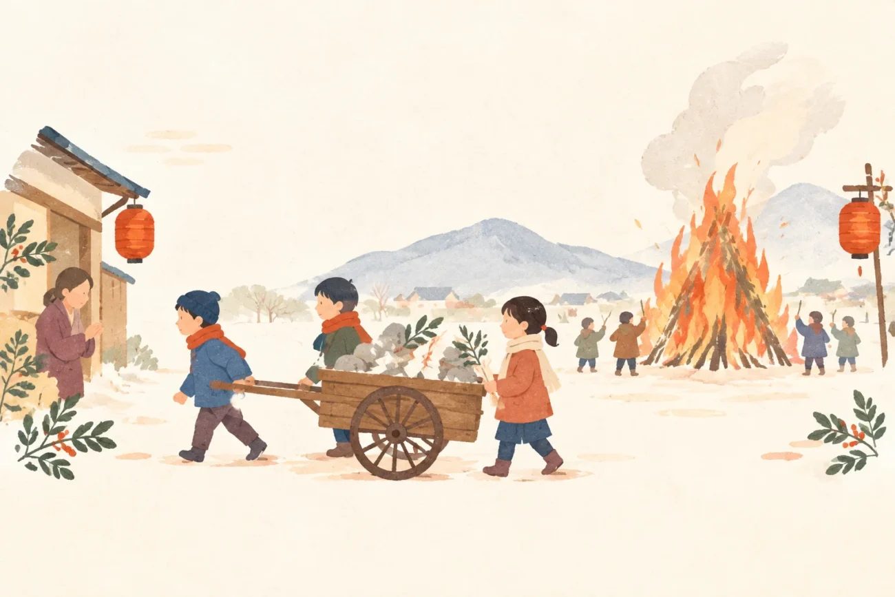 An illustration themed around the Dosojin Festival (Ishiuri and Dondoyaki)