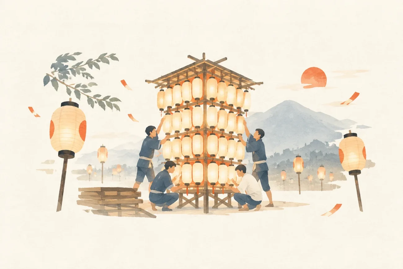 以鹤卷下部大山灯笼活动为主题的祭典意象