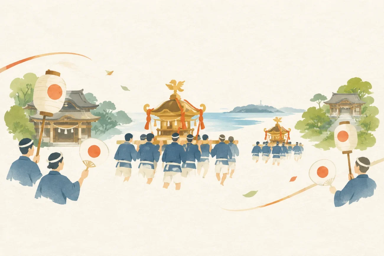 A festival illustration themed around Suga Shrine&rsquo;s Yuki-Ai Festival