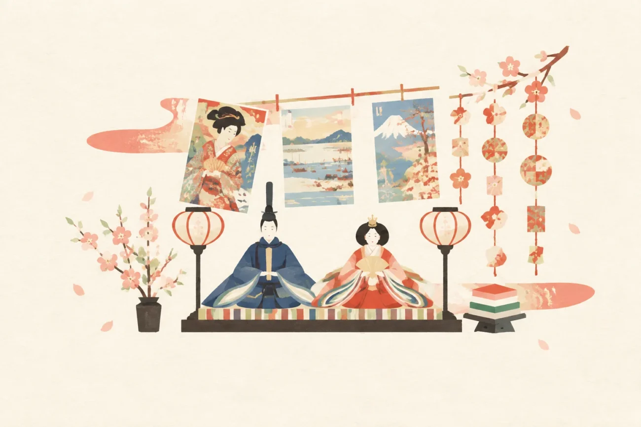 An image of a festival themed around the custom of displaying e-gami prints for the Ojiya Doll Festival