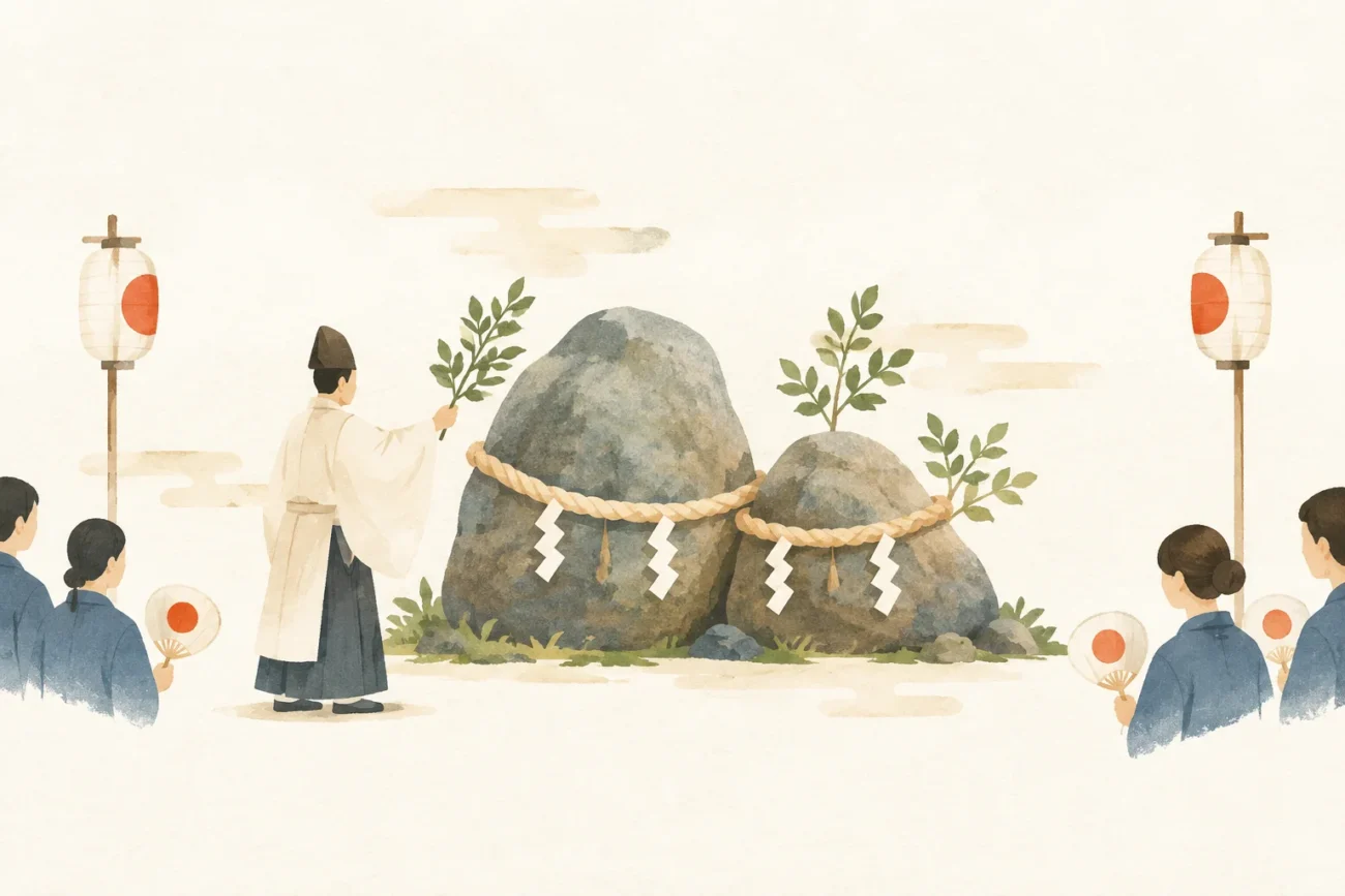 大町の夫婦石まつりをテーマにした祭りのイメージ
