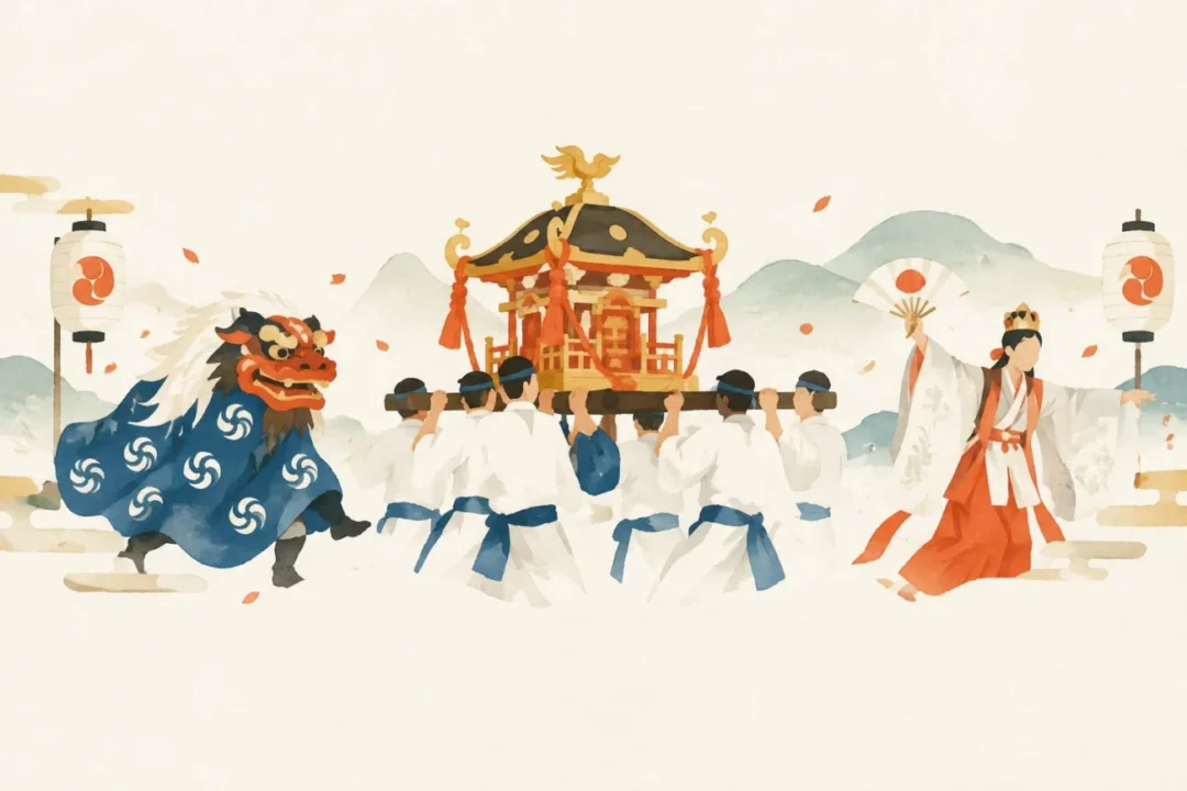 椎村神社の祭りをテーマにした祭りのイメージ