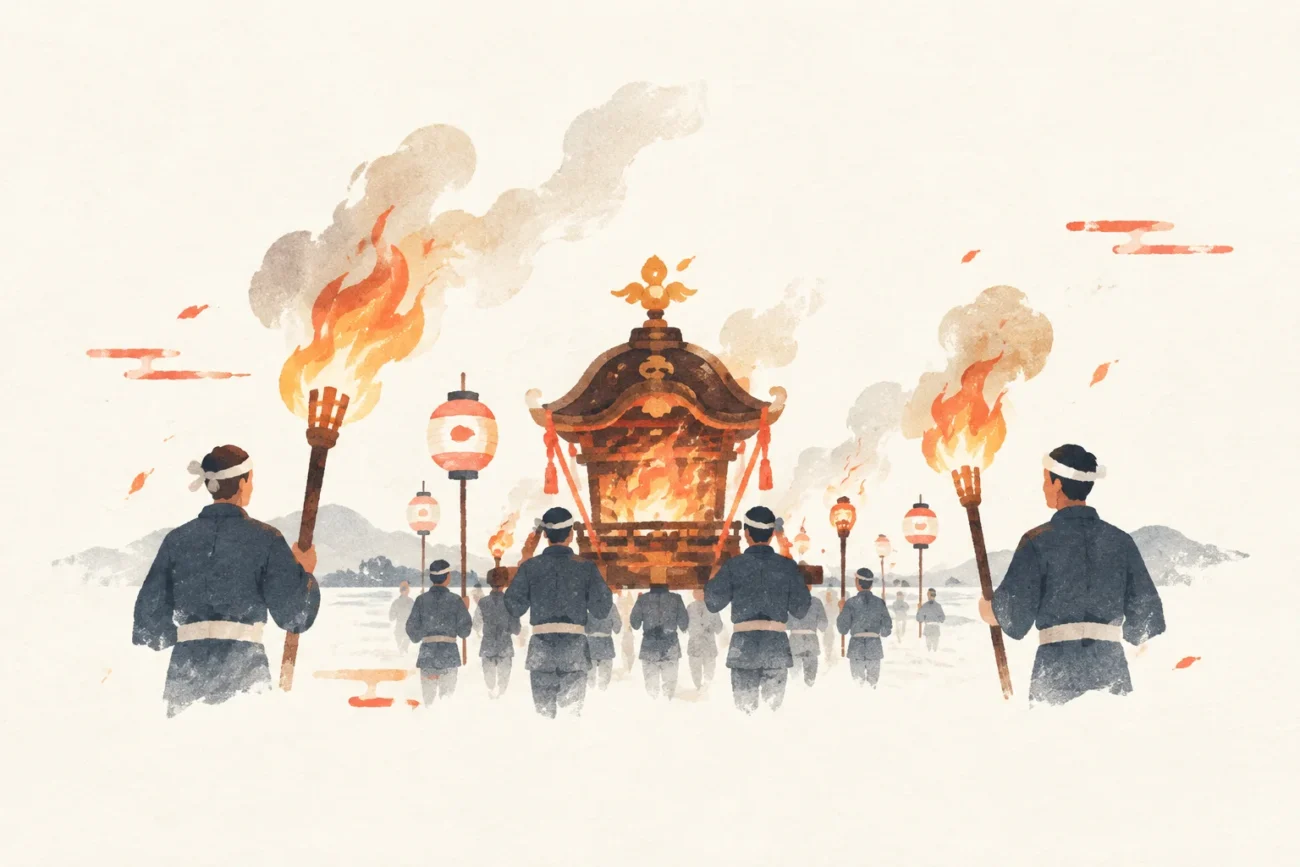 Festival image themed around the Shirogane Shrine Fire Festival