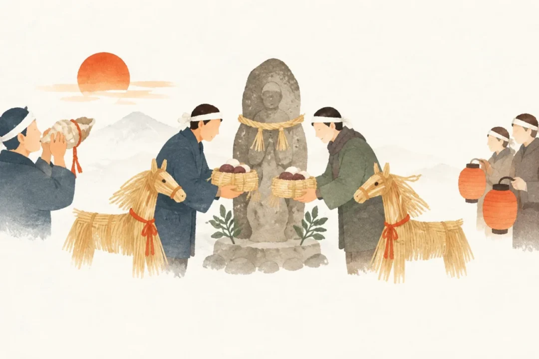 An illustration of a festival inspired by the Mochi-kae event