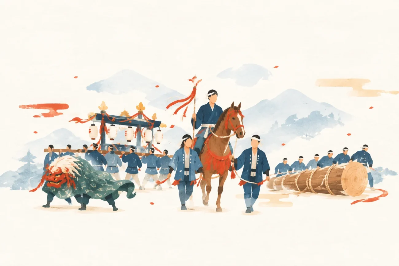 諏訪形の御柱祭と騎馬行列をテーマにした祭りのイメージ