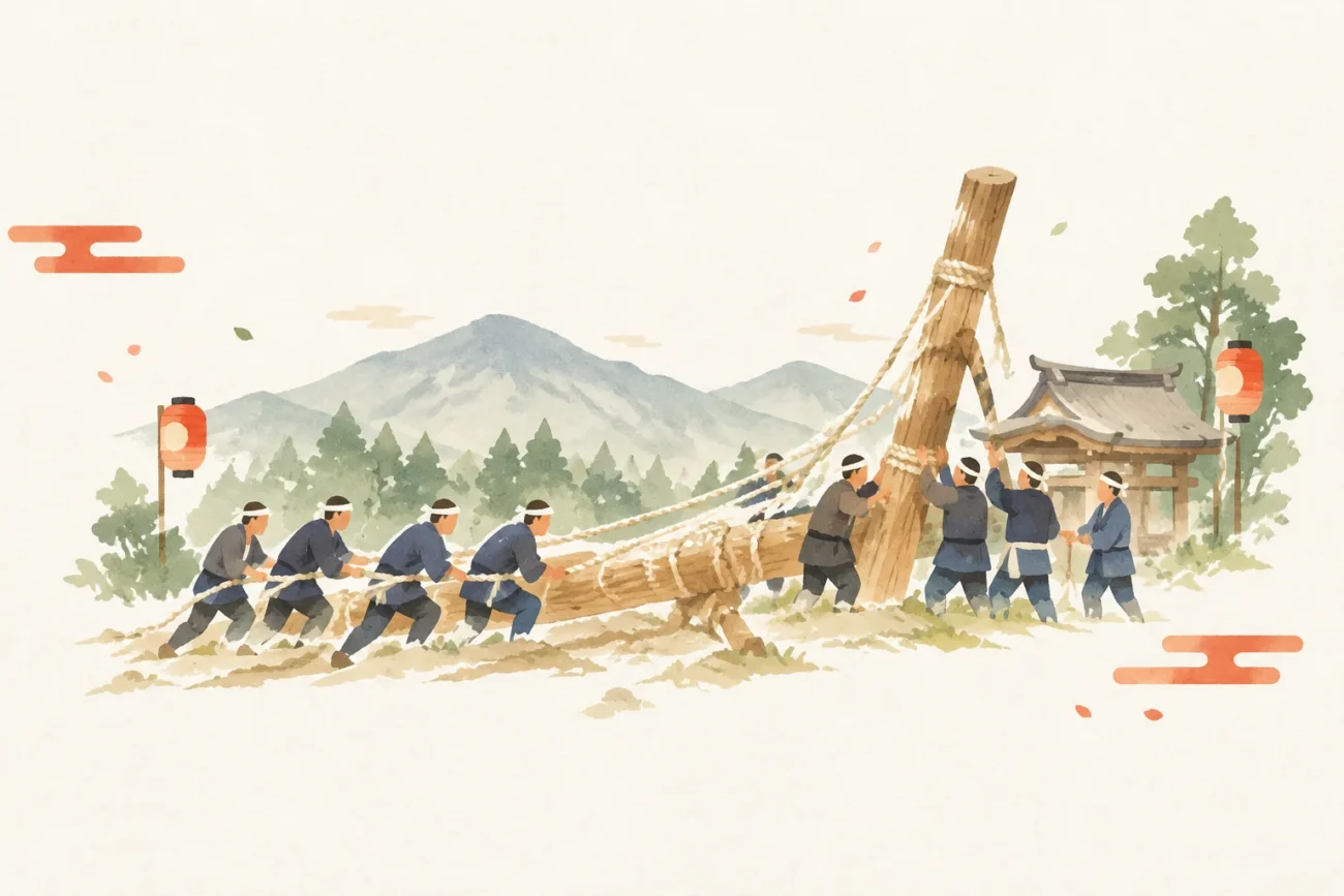 An illustration of the Onbashira Festival at Iriyama-be Hashikura Suwa Shrine