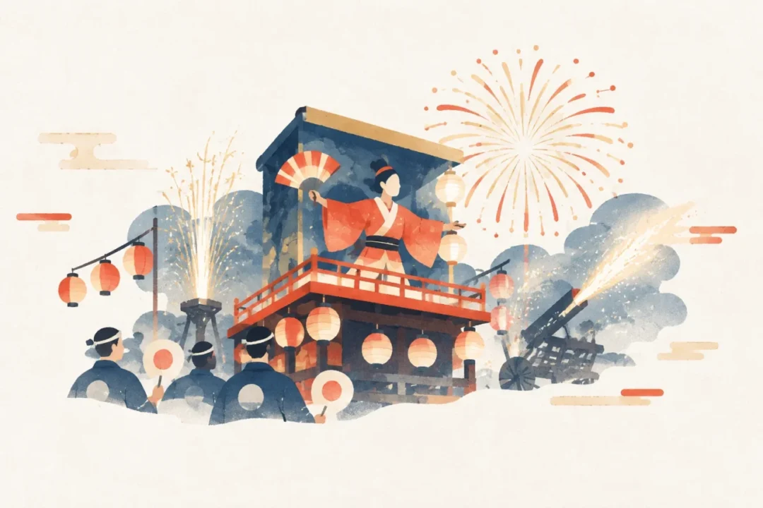 下東野の市山からくり花火をテーマにした祭りのイメージ