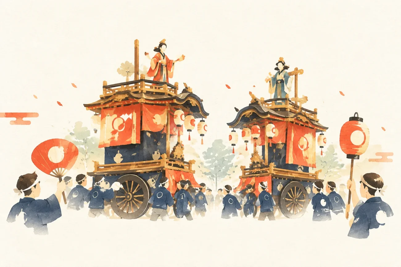 比良祭りの山車行事と二福神車をテーマにした祭りのイメージ