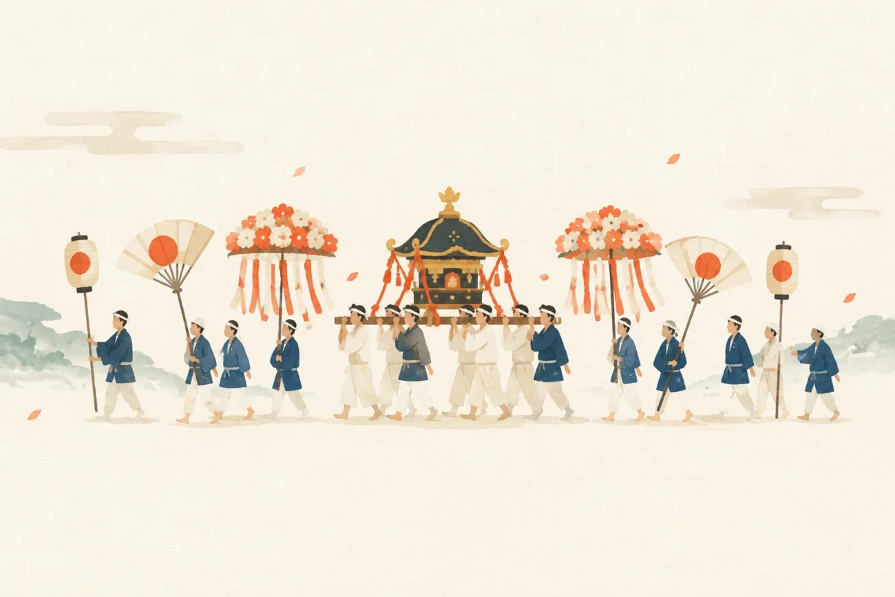 An illustration of a festival themed around the Yamakata Ten'ei Otaogi Festival