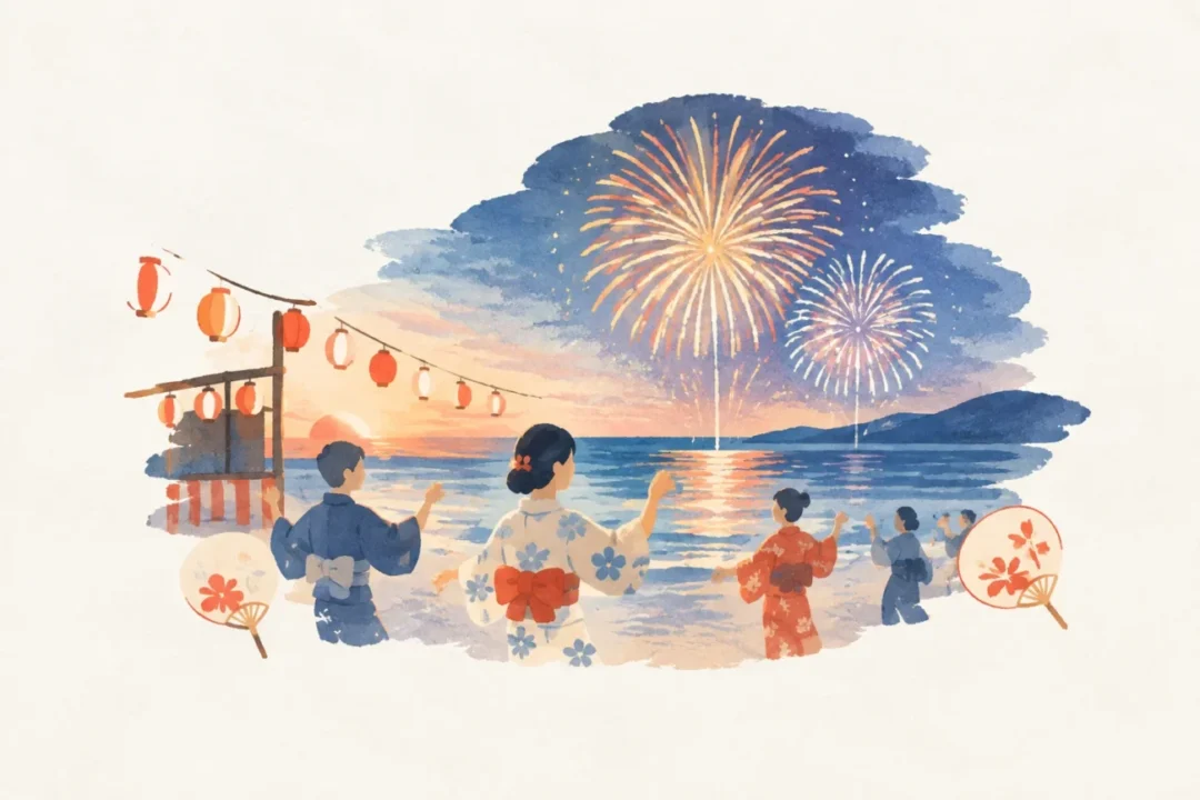 夕日ヶ浦納涼花火大会をテーマにした祭りのイメージ
